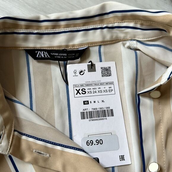 ZARA Striped Belted Midi Dress long sleeves tan,white,blue Size XS‎ NWT - Picture 9 of 9